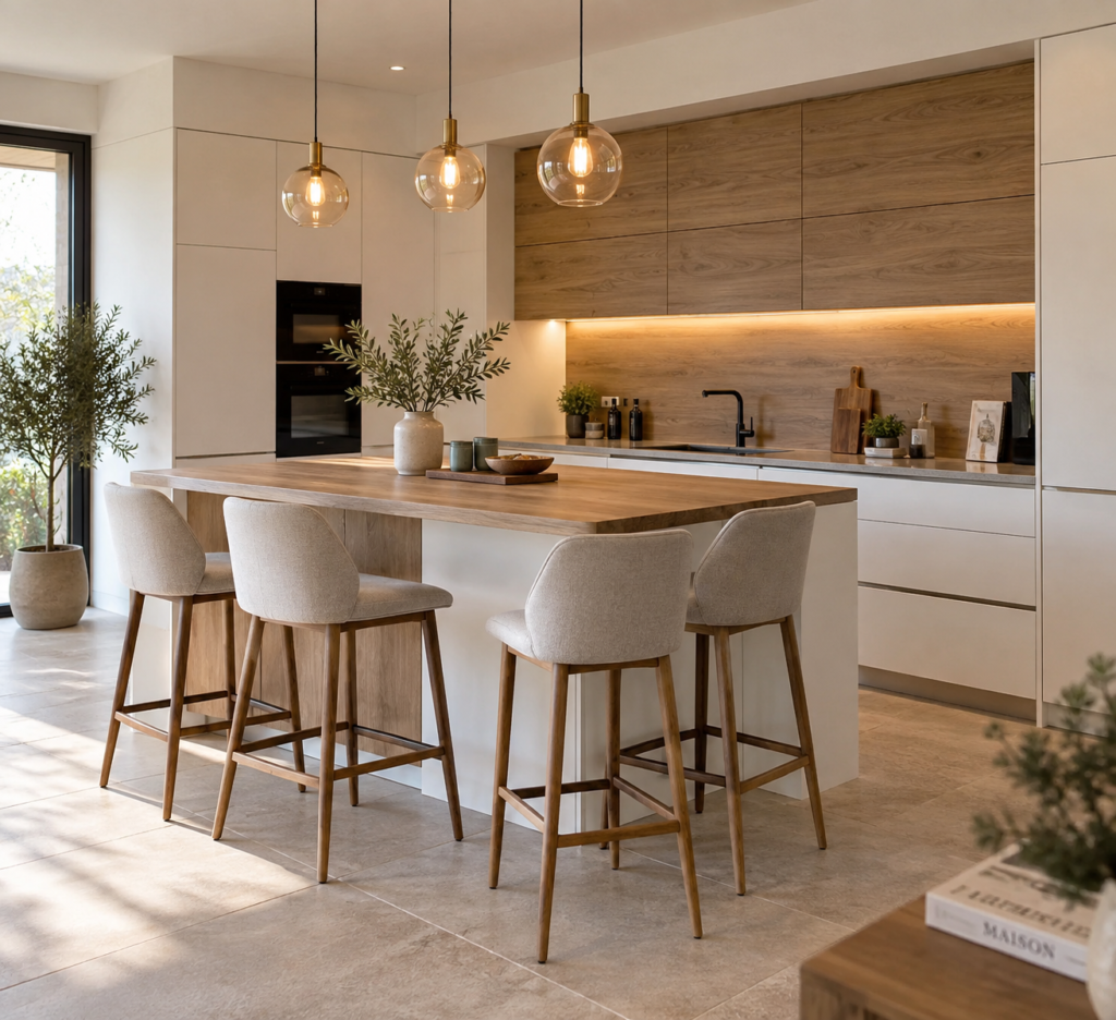 Cuisine moderne et chaleureuse aux façades bois et blanc, avec îlot central et coin repas pour quatre personnes équipé de chaises hautes.